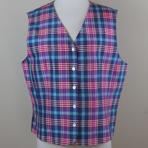 Talbots Blue Pink Plaid Silk 5 Button Vest Sz 16